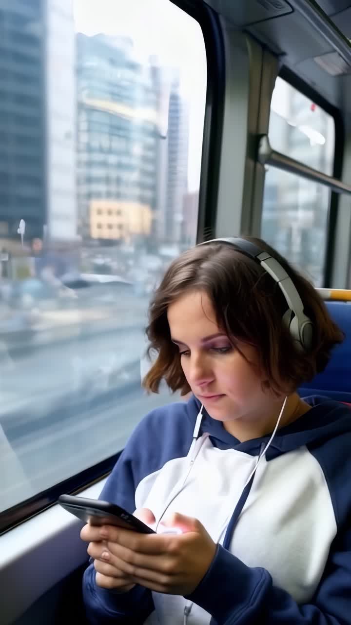 A smiling young woman with short wavy brunette hair, using smartphone, sitting on a bus.