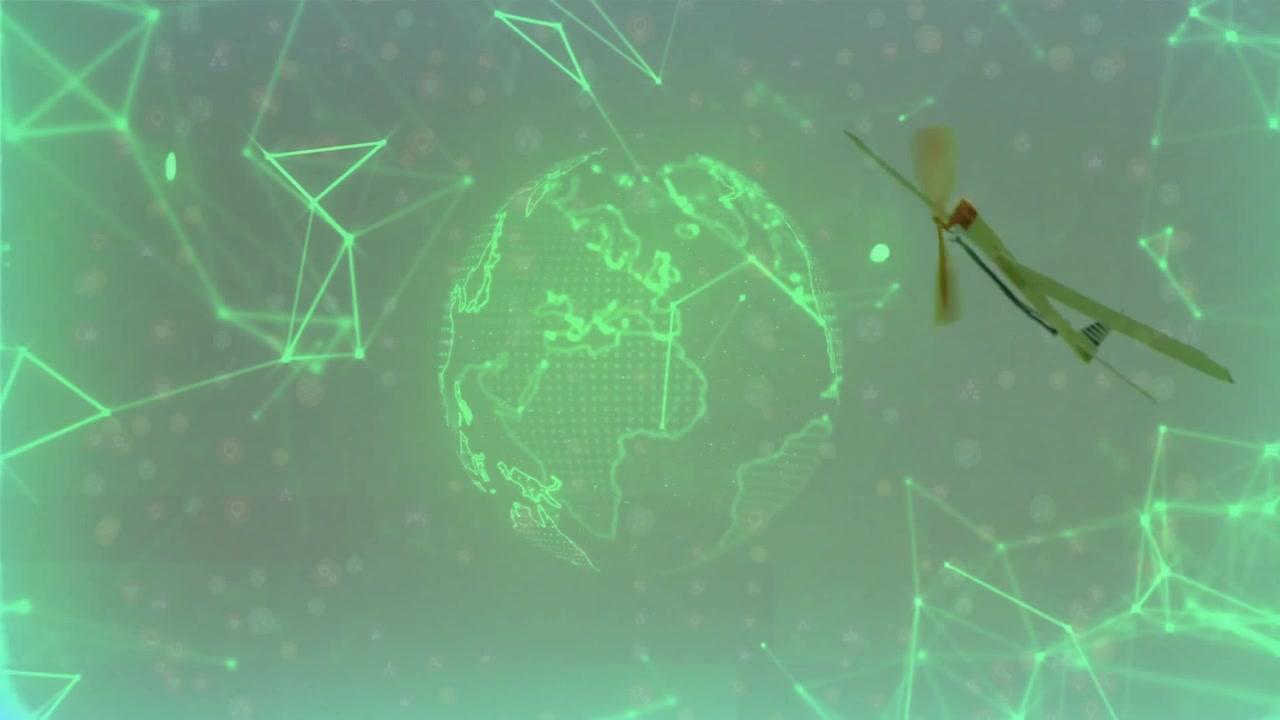 Con un globo olografico che appare, un drone che emerge e circonda il globo mostrando la connettività di rete