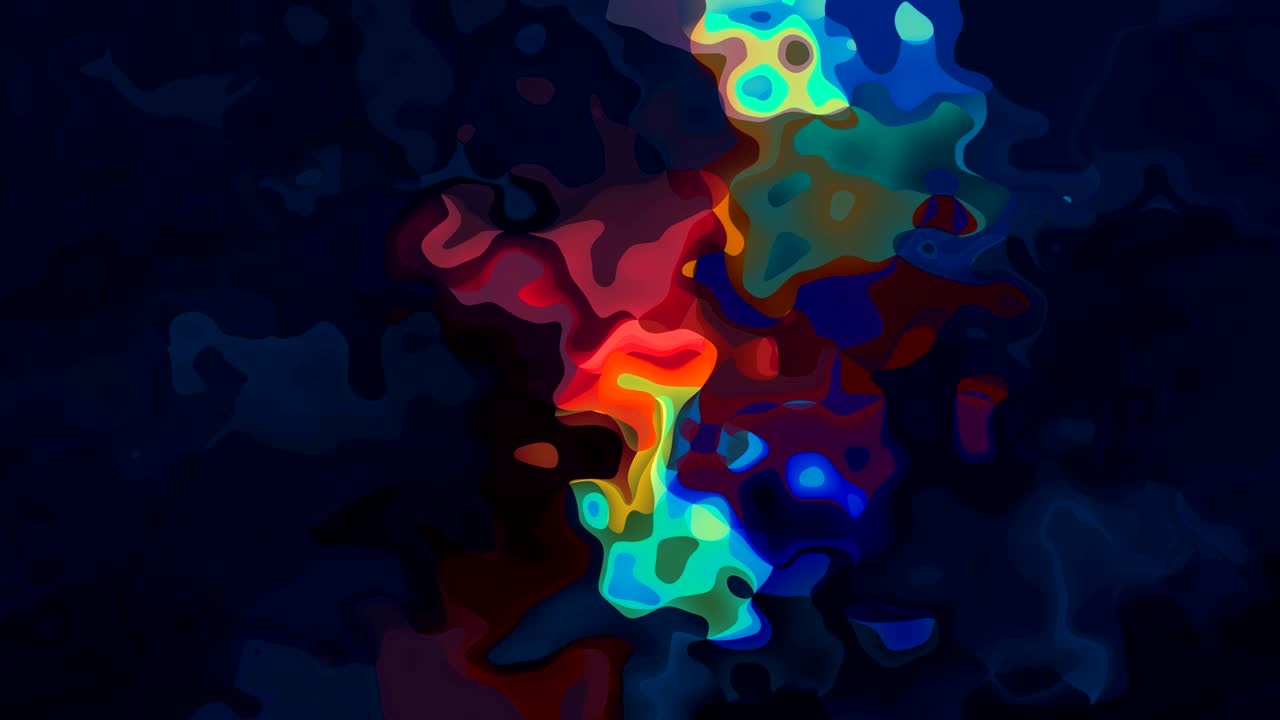 video animado con fondo de manchas azul oscuro y color arco iris