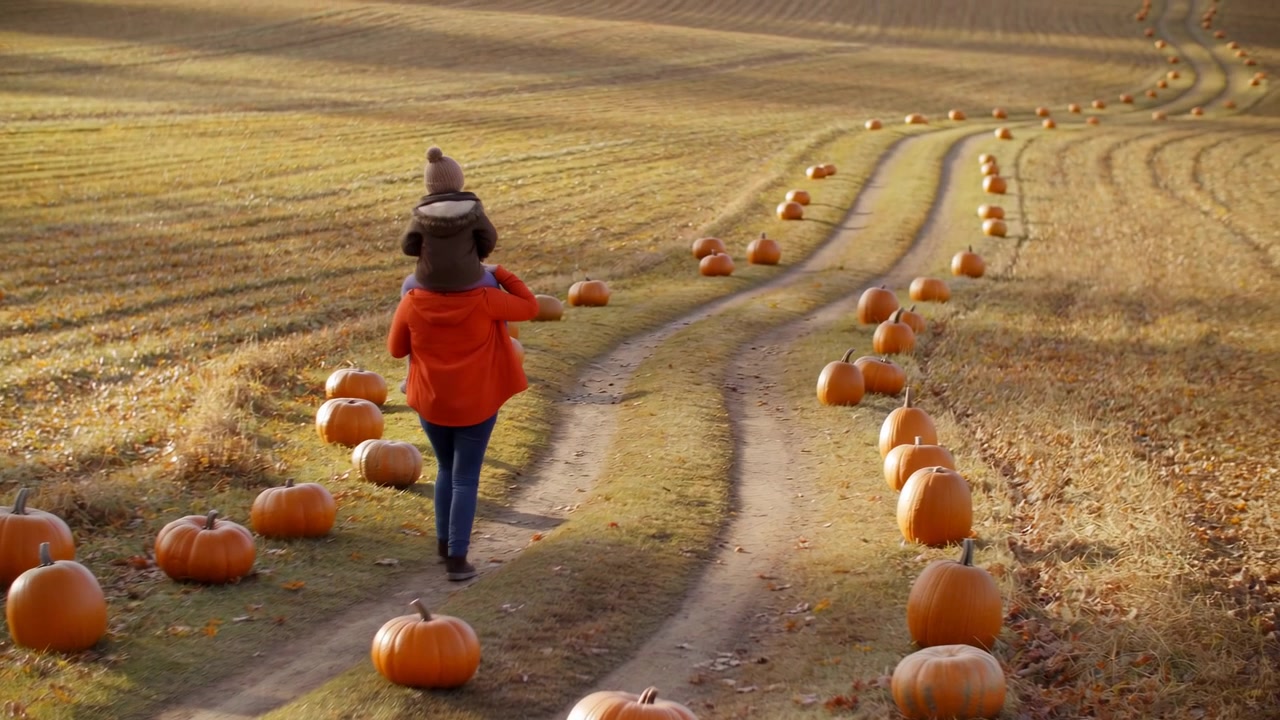 Vista trasera de un adulto llevando a un niño sobre los hombros mientras se aleja por un camino de tierra curvo junto a hileras de calabazas en un campo de otoño, con la suave luz de la hora dorada a través del campo rústico