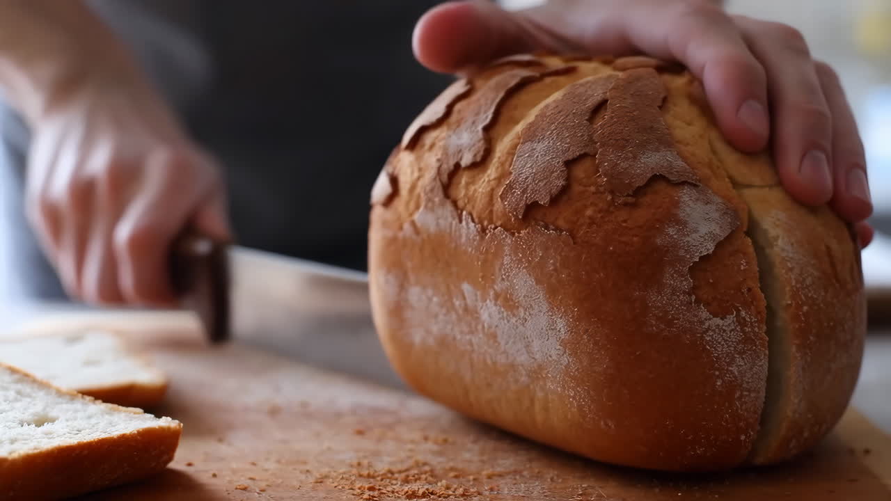 Close-Up of Hands Slicing Freshly Baked Bread on a Cutting Board