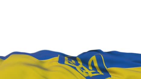 ukraine fabric flag with coat of arms waving on the wind loop. ukrainian embroidery stitched cloth banner swaying on the breeze. half-filled white background. place for text. 20 seconds loop.