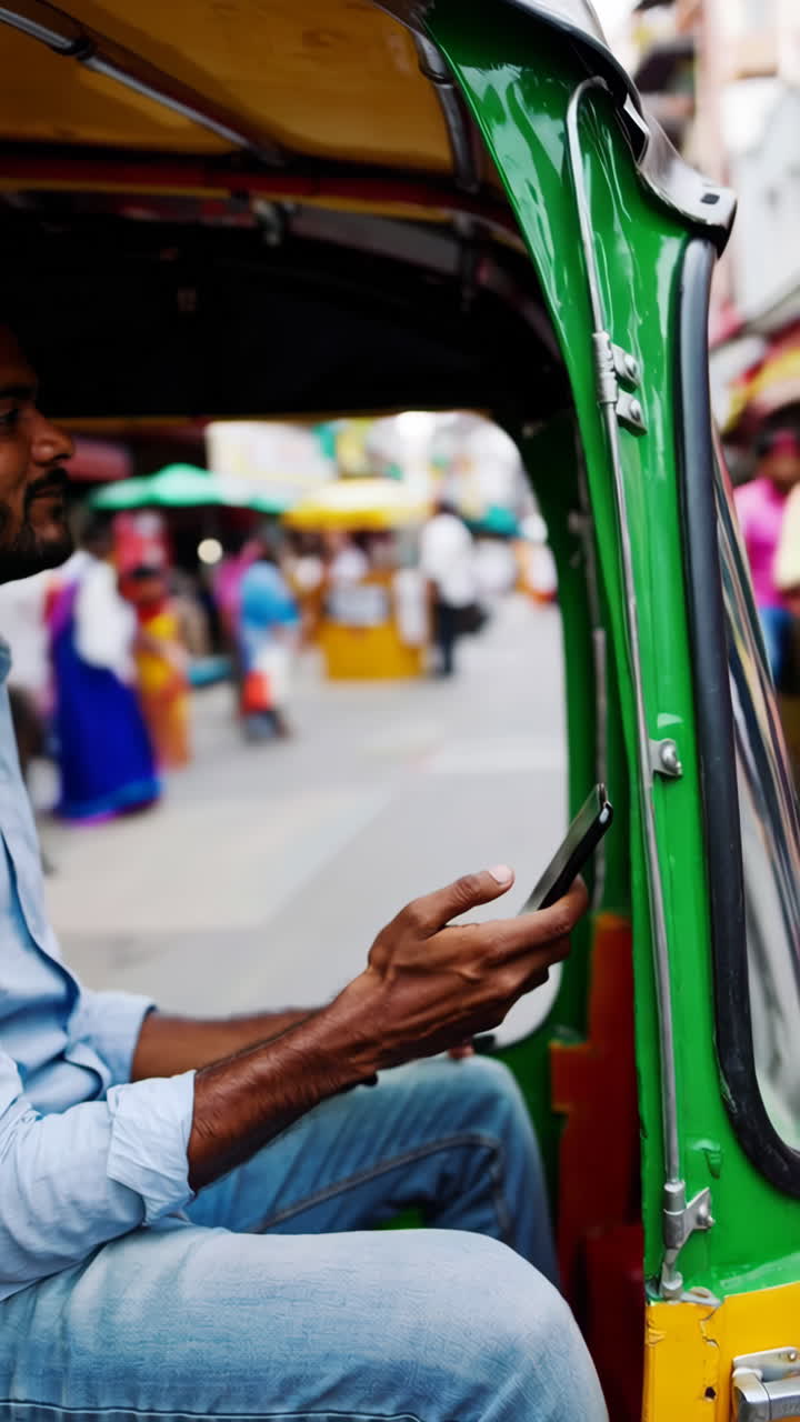 Man using smartphone in an auto-rickshaw on a busy street