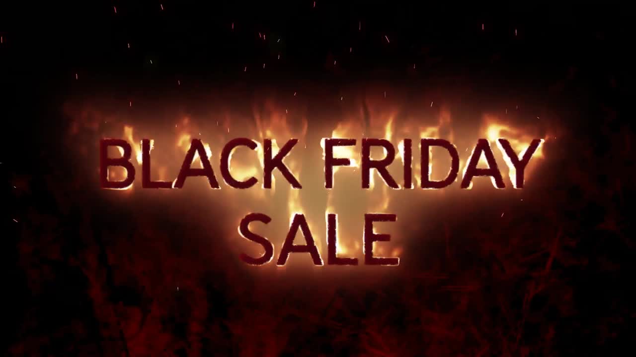 검은 배경 위에 불타는 불꽃에서 블랙 프라이데이 판매 텍스트의 애니메이션