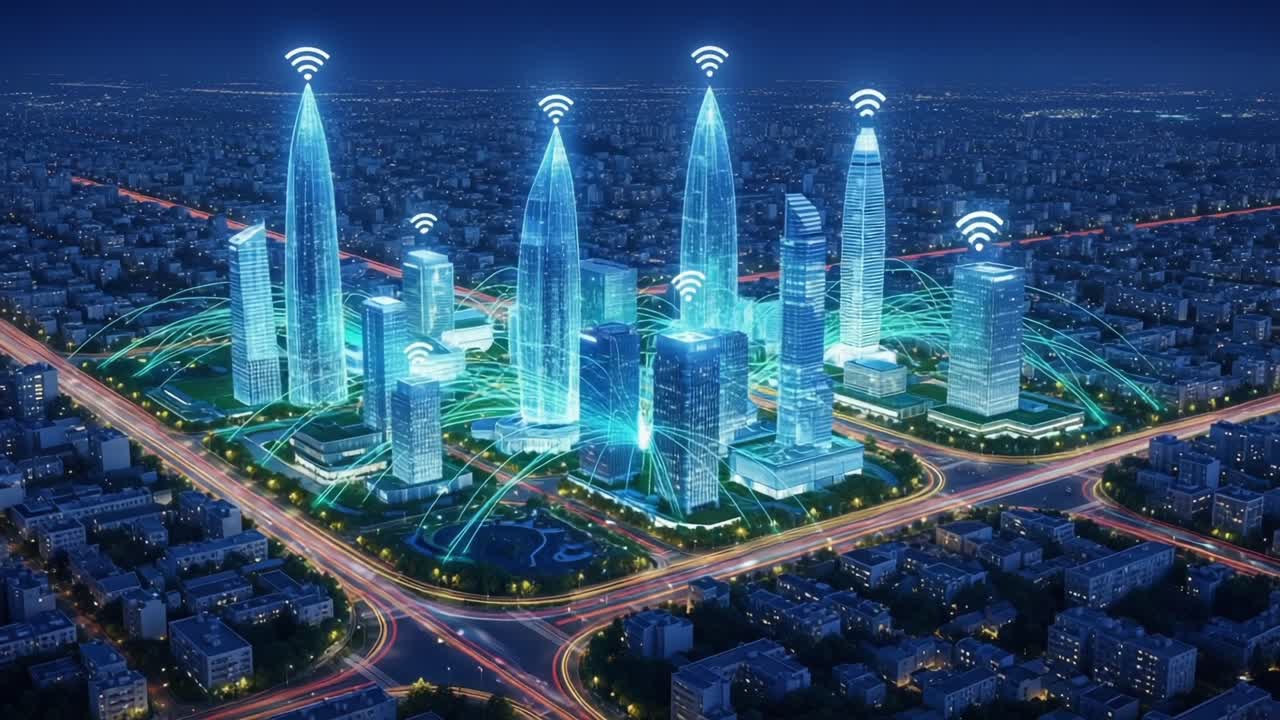 Futuristic Smart City Skyline at Night Emphasizing Connectivity with Vibrant Wireless Signals, Showcasing Modern Architecture and Advanced Networking Technologies