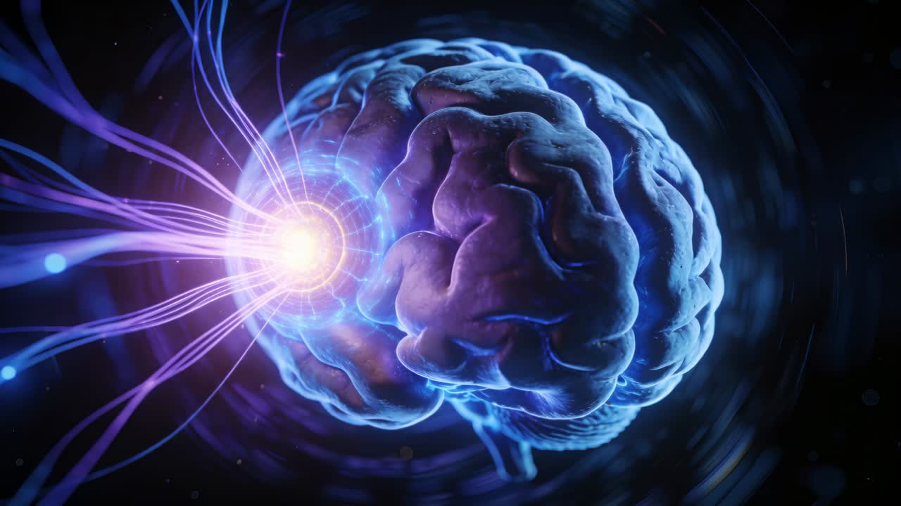 Pulsing radiant core sending purple filaments into brain model in void, activating cortex