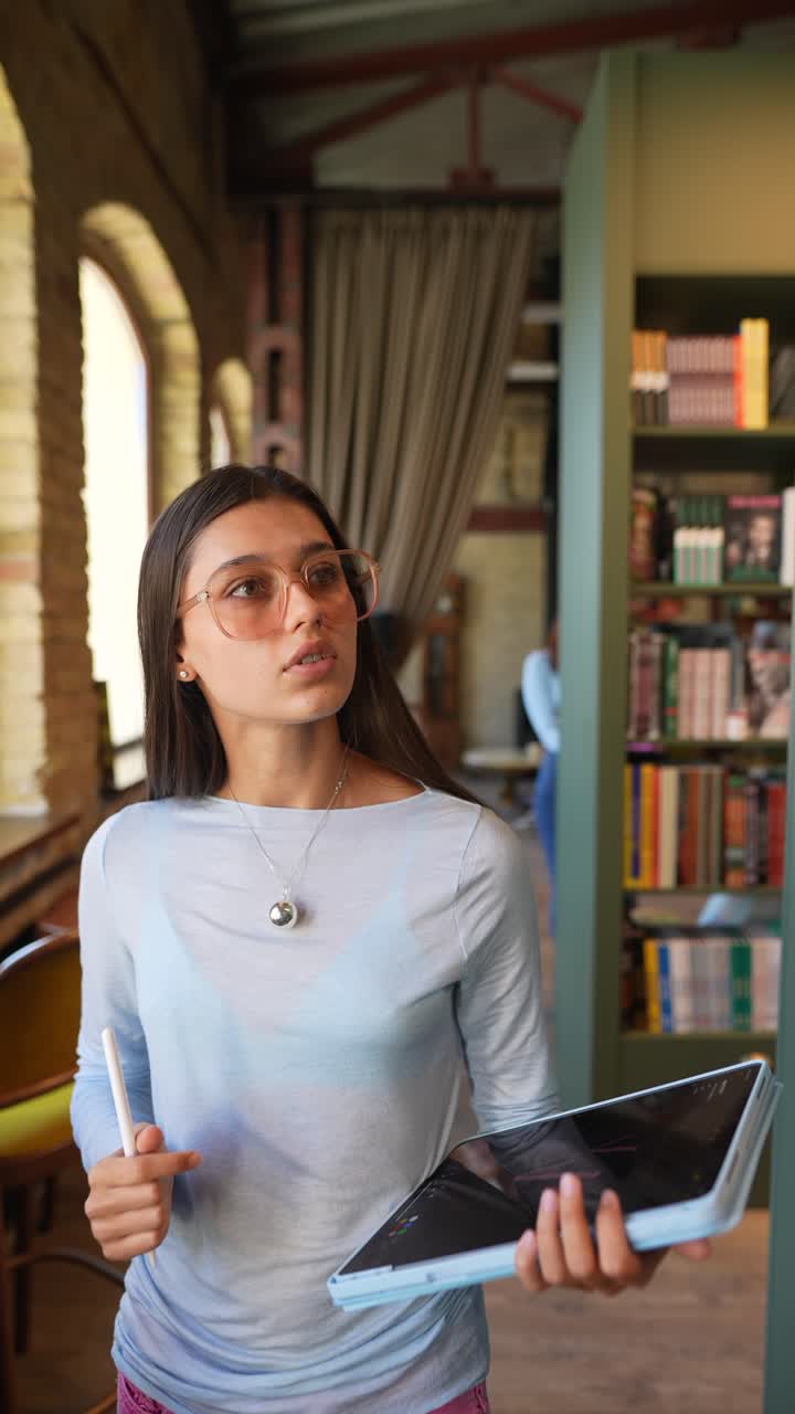 joven usando una tableta digital en una biblioteca moderna