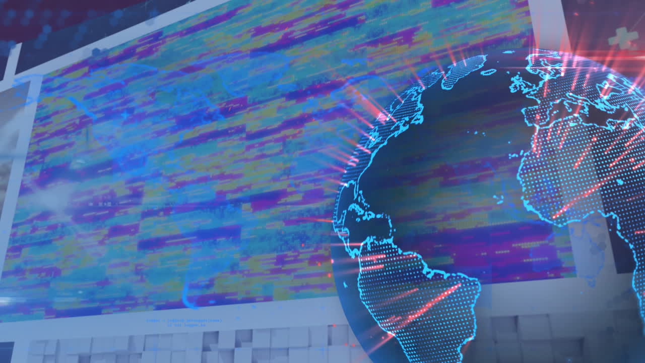 Animation of digital globe with data visualization on colorful abstract background