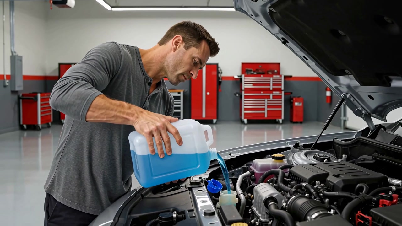 Visible hands tilt container as blue fluid flows into vehicle reservoir under raised hood, with clean automotive workspace, red cabinets, and bright indoor lighting framing maintenance activity.