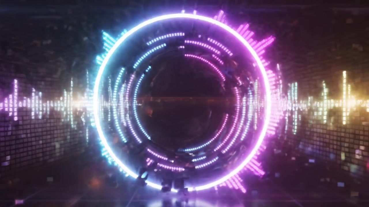 Un'enigmatica esposizione di luce colorata: un viaggio da un semplice cerchio al neon a una spirale dinamica di energia vibrante, che cattura l'essenza del movimento e del ritmo.