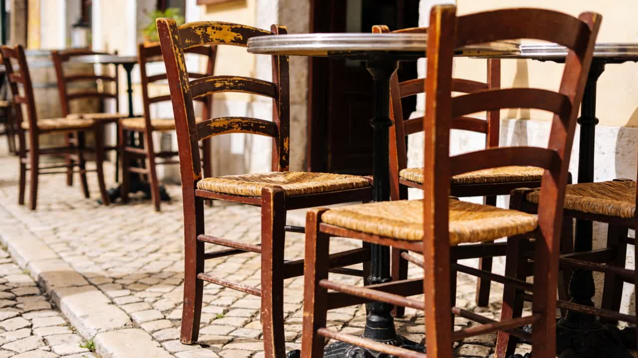 La telecamera si sposta, rivelando sedie in legno con schienale a pioli e un tavolo su una strada acciottolata, con un piedistallo in ghisa.