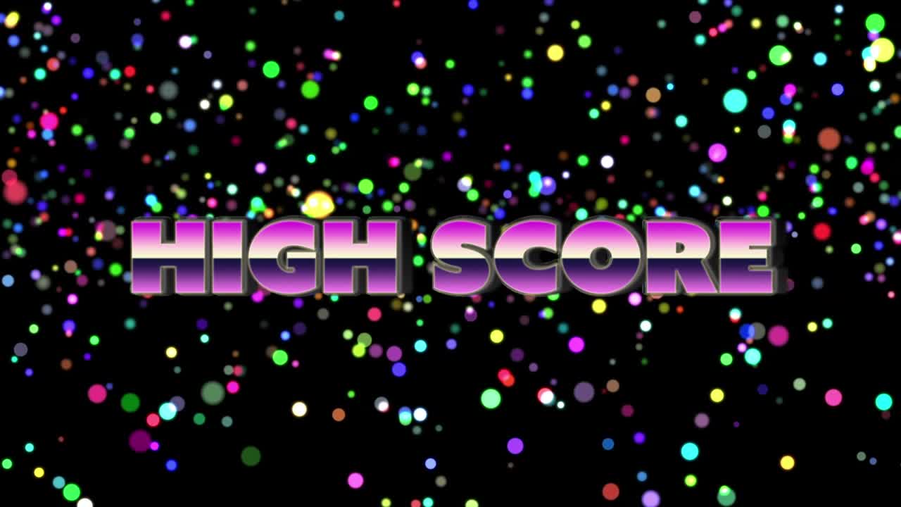 Animation af teksten 'High score' i lyserøde metalliske bogstaver over lyspletter