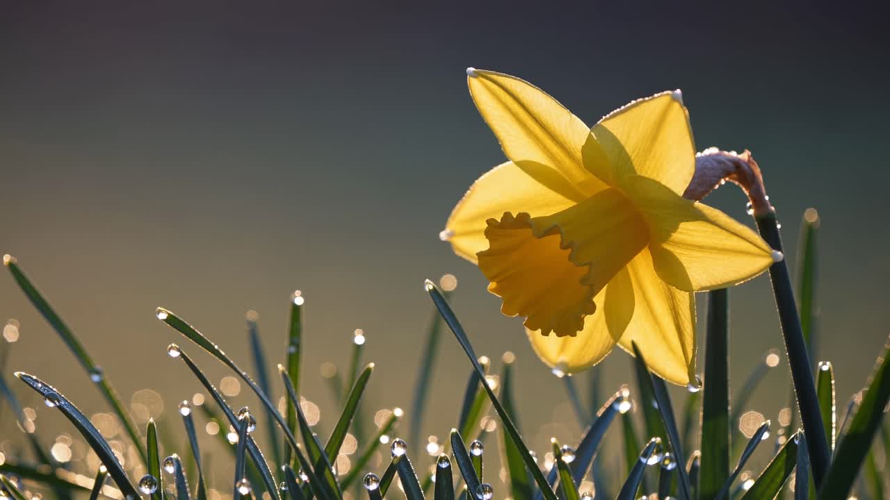 Primo piano, ripresa dal basso di un narciso giallo con rugiada sull'erba, su sfondo sfocato