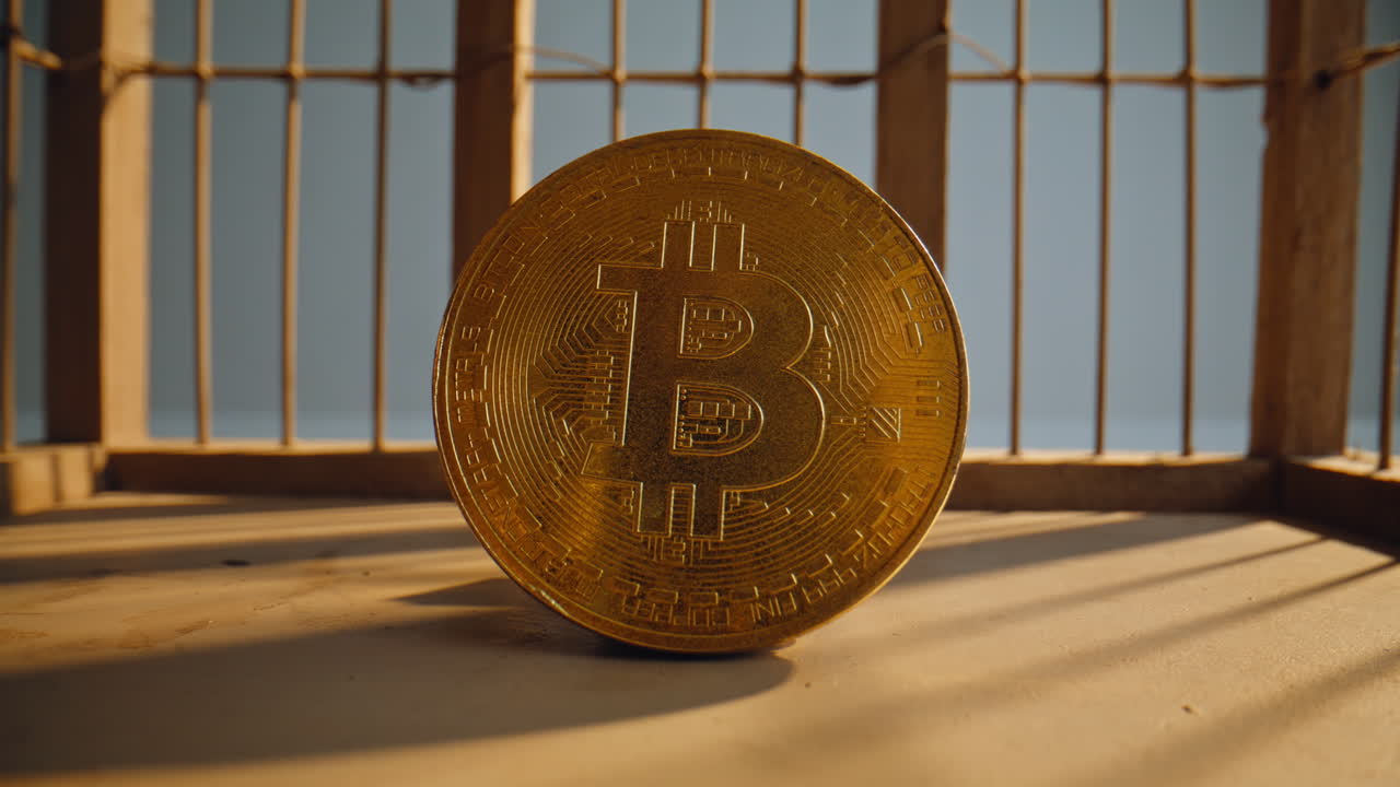 Bitcoin locked inside birdcage zoom on. Hand opening cage showing coin closeup