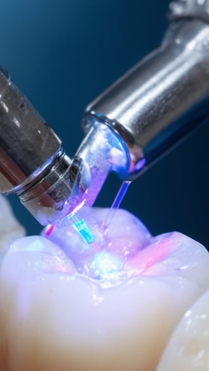 Close-Up of Dental Procedure Using Modern Technology with Light and Adhesive, Highlighting the Application Process on a Tooth's Surface with Precision and Care