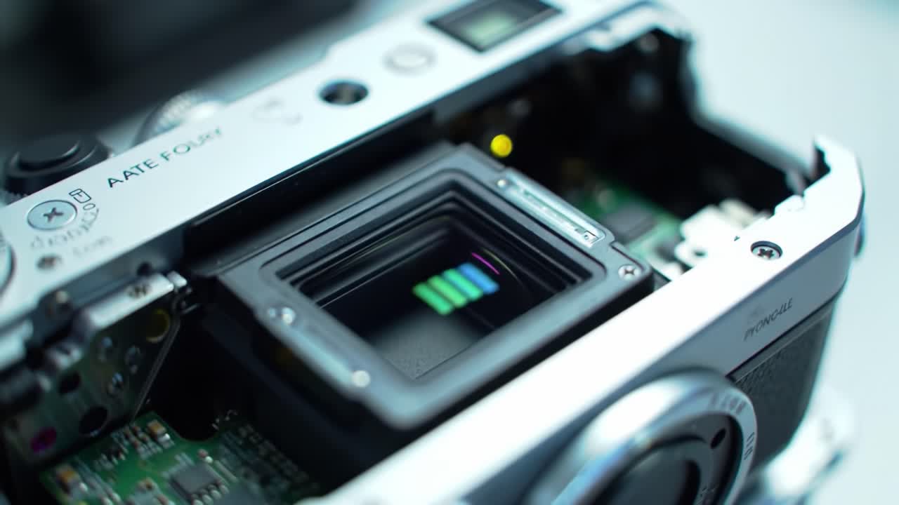 Detailed Examination of a Camera's Interior Mechanism and Components in Two Sequential Frames, Highlighting the Sensor and Circuitry of the Device.