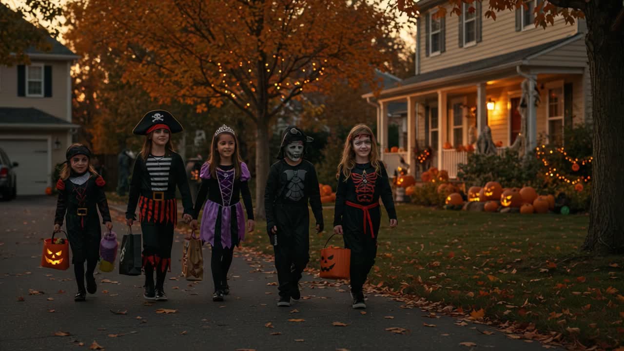 A Festive Halloween Evening: Children Dressed in Costumes, Collecting Treats in a Charming Neighborhood Surrounded by Autumn Colors and Decorations