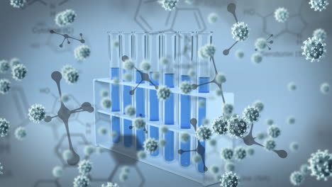 animación de células de covid-19 sobre estructuras de compuestos químicos, moléculas y tubos de ensayo