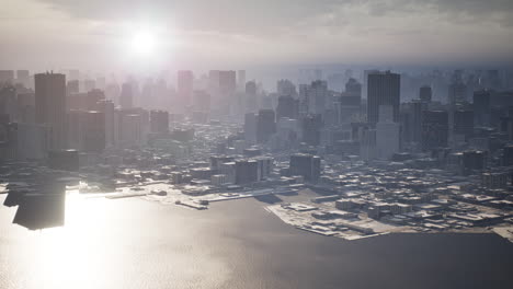 skyline aerial view at sunset with skyscrapers