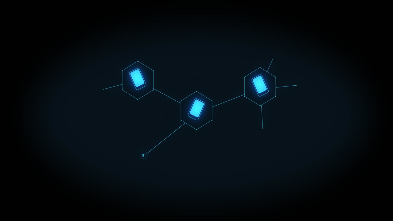 검은색 배경에 파란색 스마트폰 아이콘의 성장 네트워크의 애니메이션