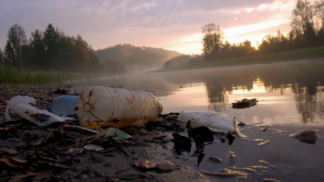 Low-angle video of plastic pollution on a riverbank at sunrise, highlighting environmental impact