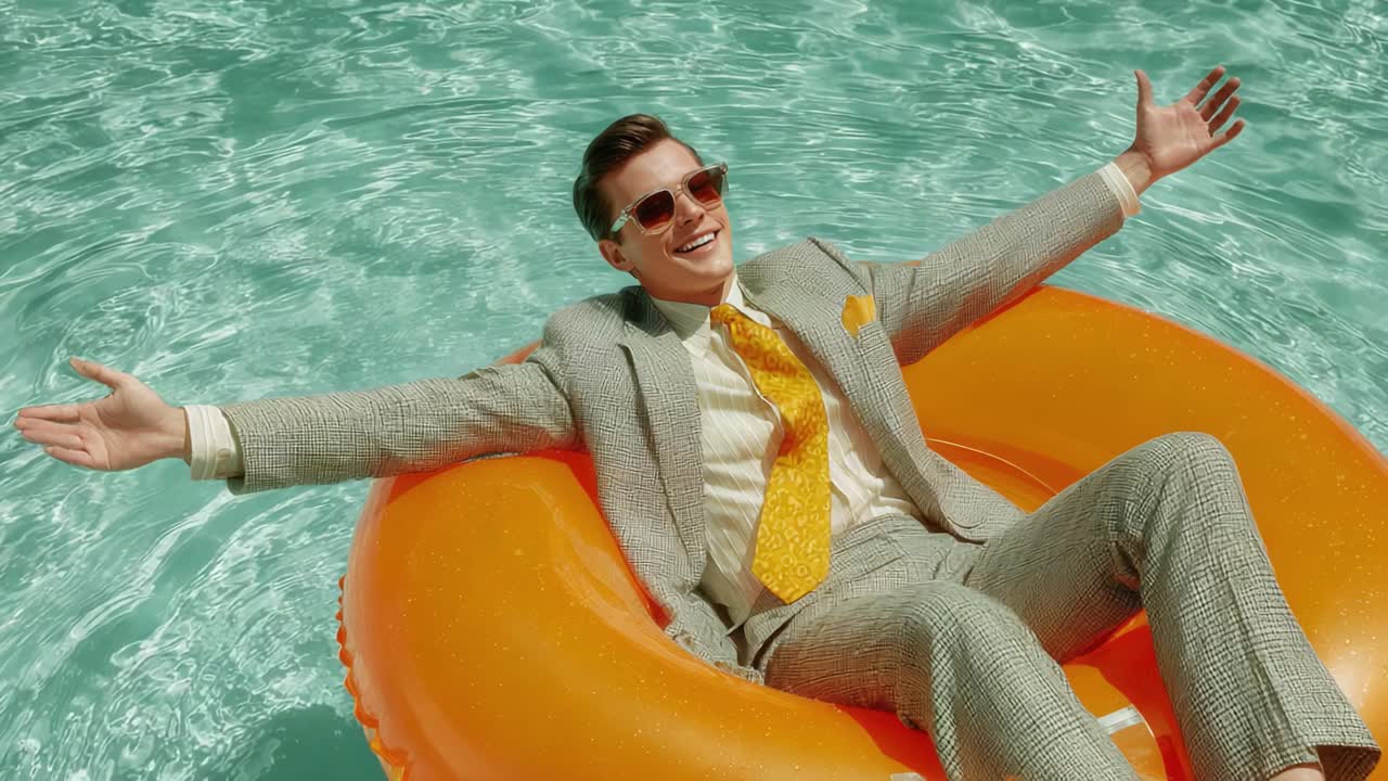 Joyful Relaxation: A Stylish Individual Enjoys a Refreshing Day in a Pool, Lounging Comfortably on an Orange Float While Glimpsing the Sun and Water Reflections