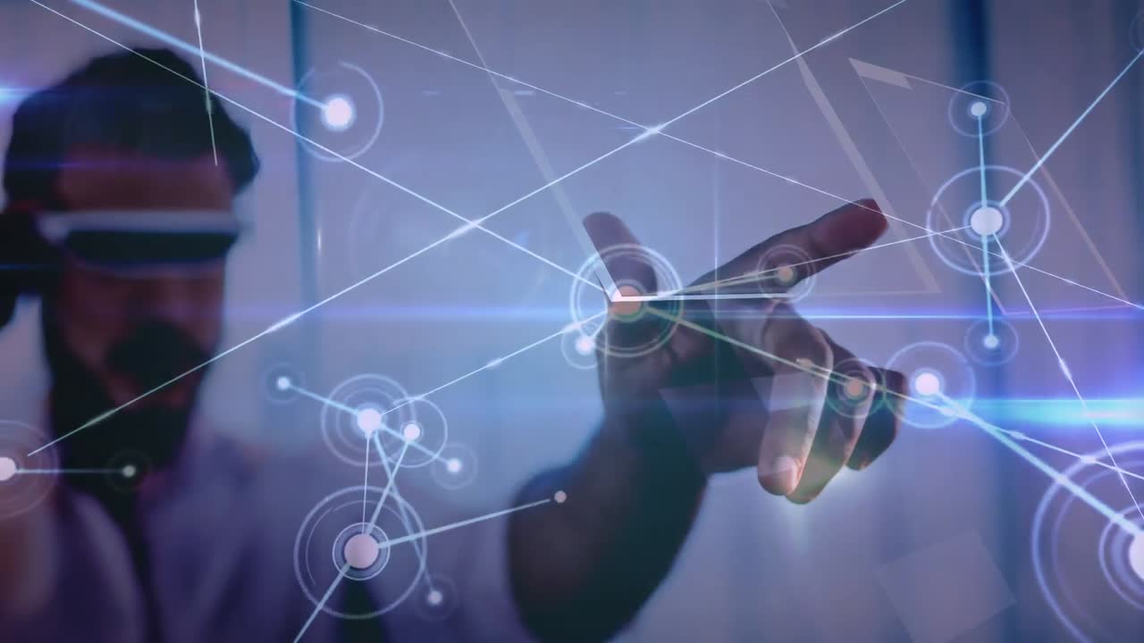 Animation of network of connections over businessman wearing vr headset