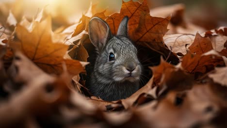 a curious rabbit nestled among vibrant autumn leaves, captured in the warm glow of morning light, evoking a sense of wonder and tranquility in nature's embrace