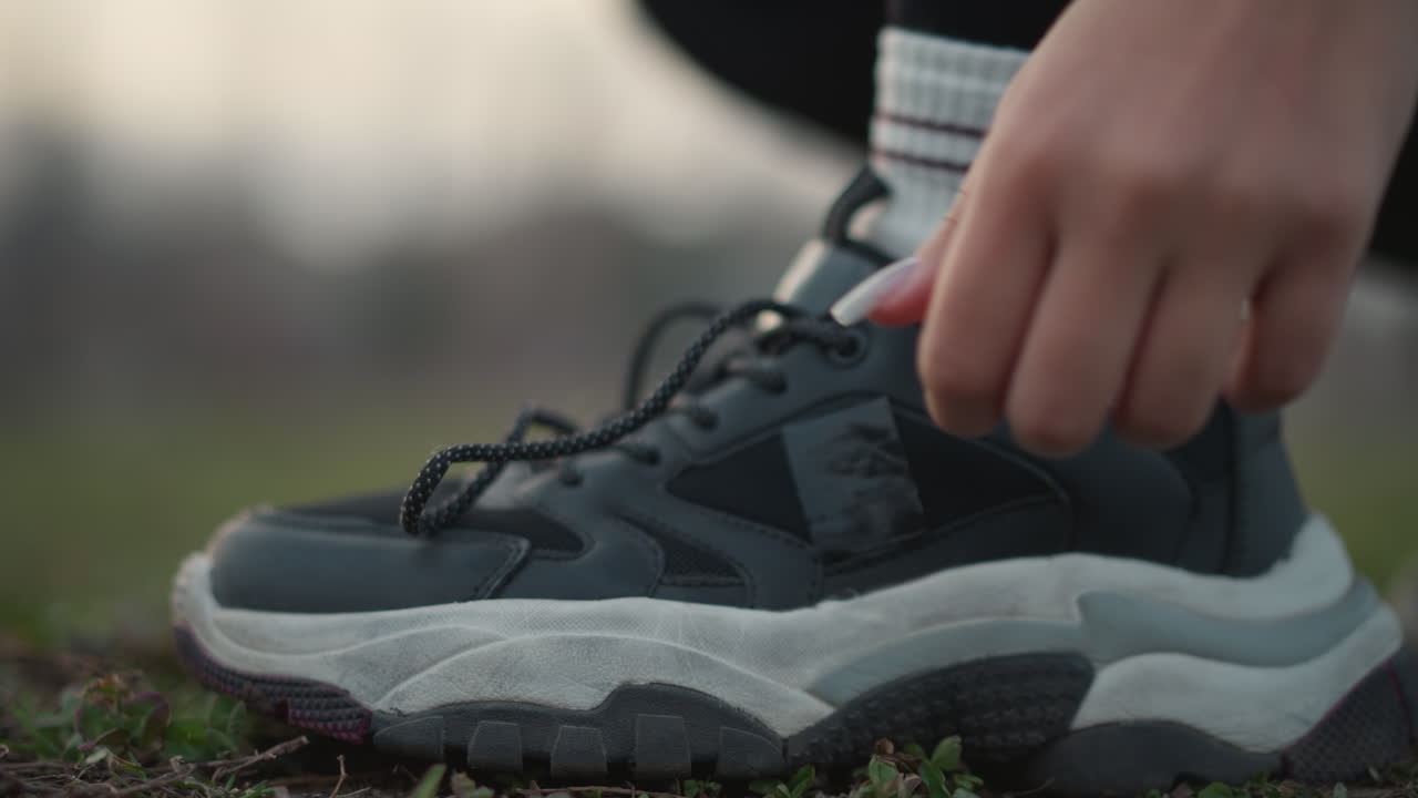 CloseUp Runner Tying Sneaker Laces Outdoors. Chunky Sole And White Socks, Smartwatch On Wrist, Fingers Looping Laces On Grassy Trail, Low Light Dusk Atmosphere, Focused Preparation Before Run