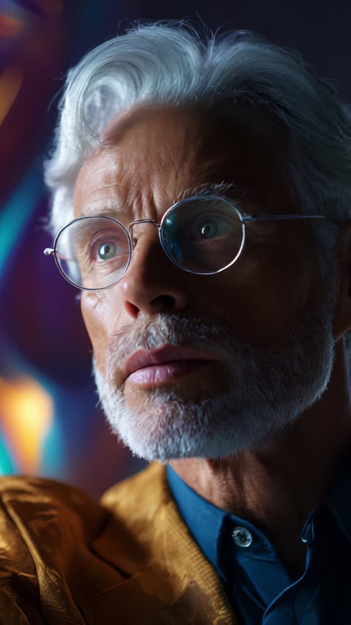 Contemplative Elderly Man with Silver Hair and Glasses, Exuding Wisdom and Depth in a Vividly Lit Artistic Background, Captured in Two Intriguing Frames