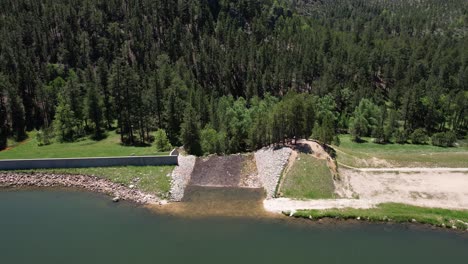 Aerial-View-of-Dam-and-Spillway-of-Center-Lake,-Custer-State-Park,-South-Dakota-USA