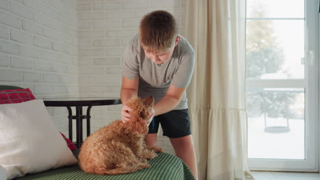 grandma in casual wear gently holding dog s head, looking closely into dogs eyes, and touching noses with dog, background shows black table, white cotton, and cozy room setting