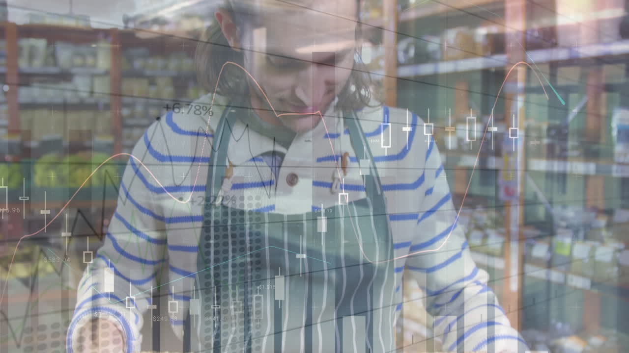 animación de gráficos sobre vendedor masculino caucásico con verduras en caja