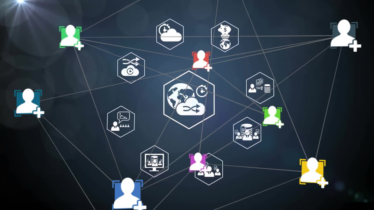 animación de la red de conexiones con iconos empresariales y de los medios a través de puntos de luz