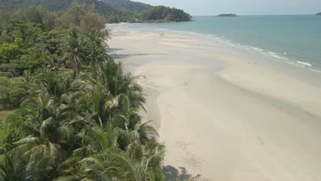 Imágenes-Aéreas-Ascendentes-Inclinadas-Hacia-Abajo-De-Una-Playa-Tropical-De-Arena-Blanca-Con-Cocoteros,-Océano-Y-Selva