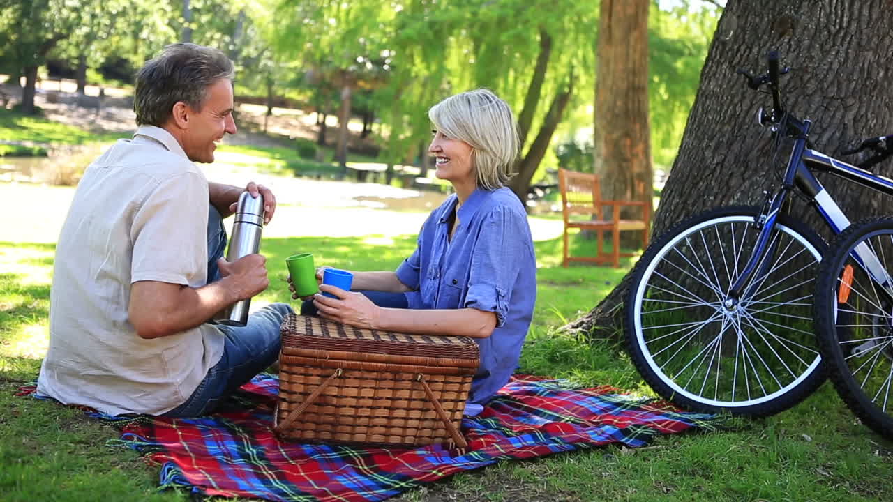 Glad par holder picnic i parken