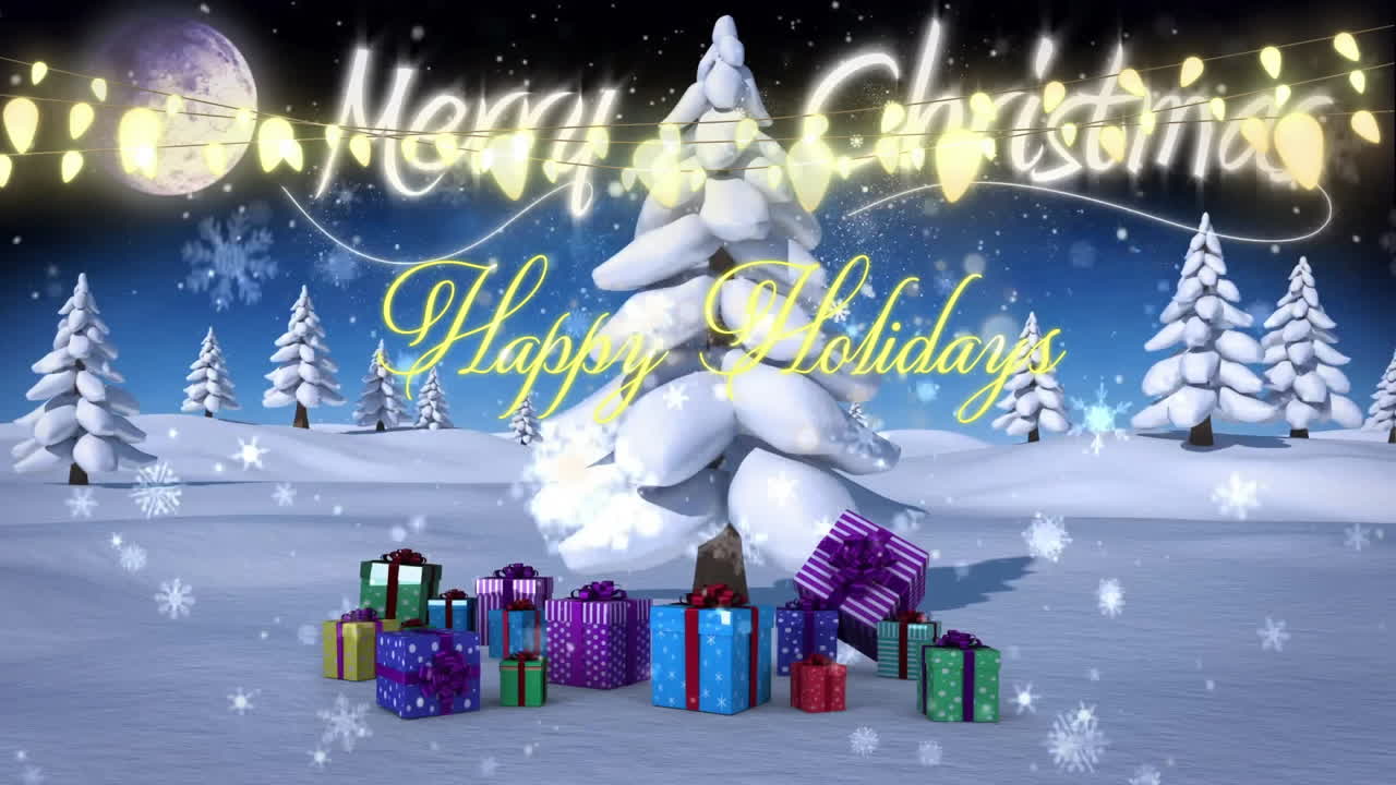 Snowy landscape with Christmas tree, gifts, and Happy Holidays text animation
