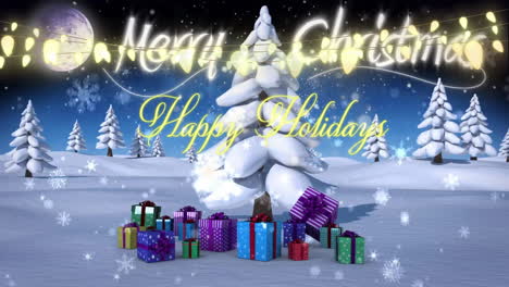 snowy landscape with christmas tree, gifts, and happy holidays text animation