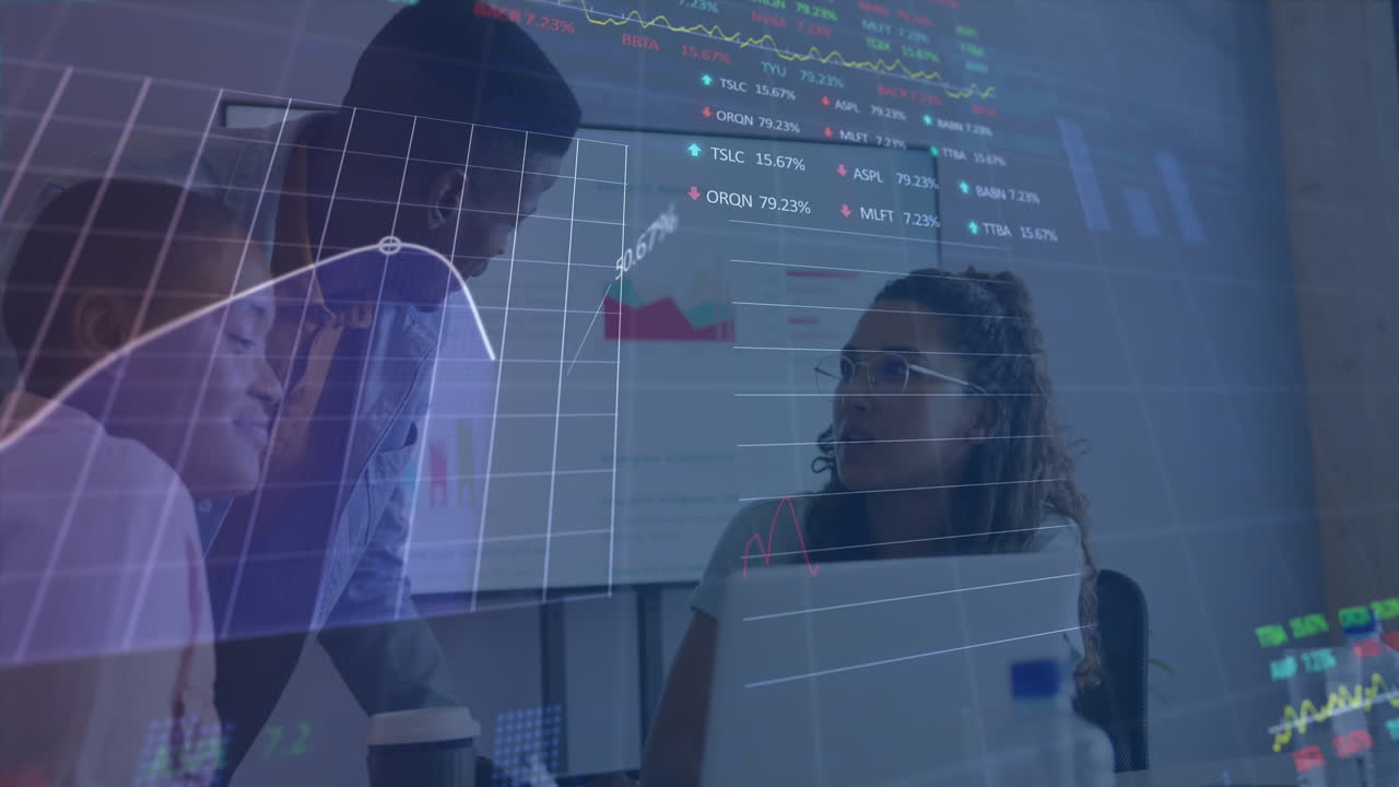 Animation of statistical, stock market data processing over diverse colleagues discussing at office