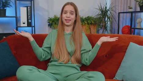 young teen girl asking why, what reason of failure, demonstrating disbelief irritation by troubles