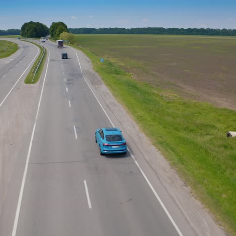 All-electric car drive on road. New Audi rides on the road near the field