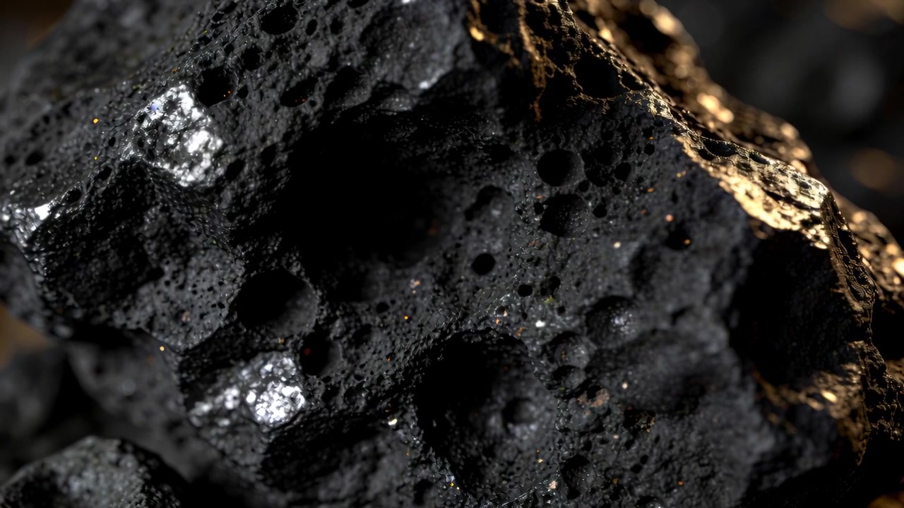 Shifting warm macro studio light showing pitted rock surface revealing silver flecks and gold rim