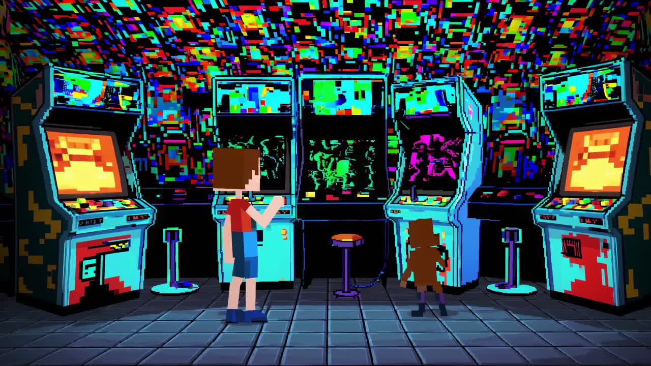 Two pixel art characters are enjoying arcade games in a vibrant, retro styled arcade, featuring colorful pixelated graphics and classic arcade cabinets