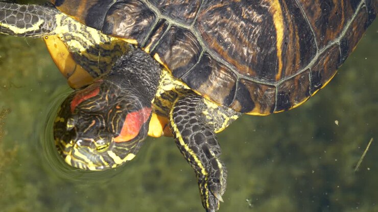 Static close up of resting turtle in water lake during sunny day outdoors