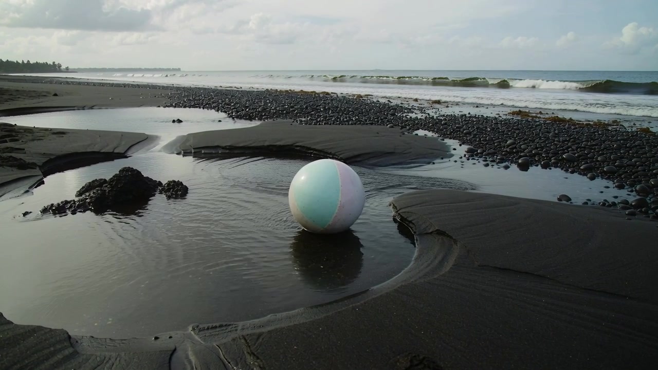 Marea increspata che muove una grande sfera iridescente color pastello in una pozza di marea su sabbia nera