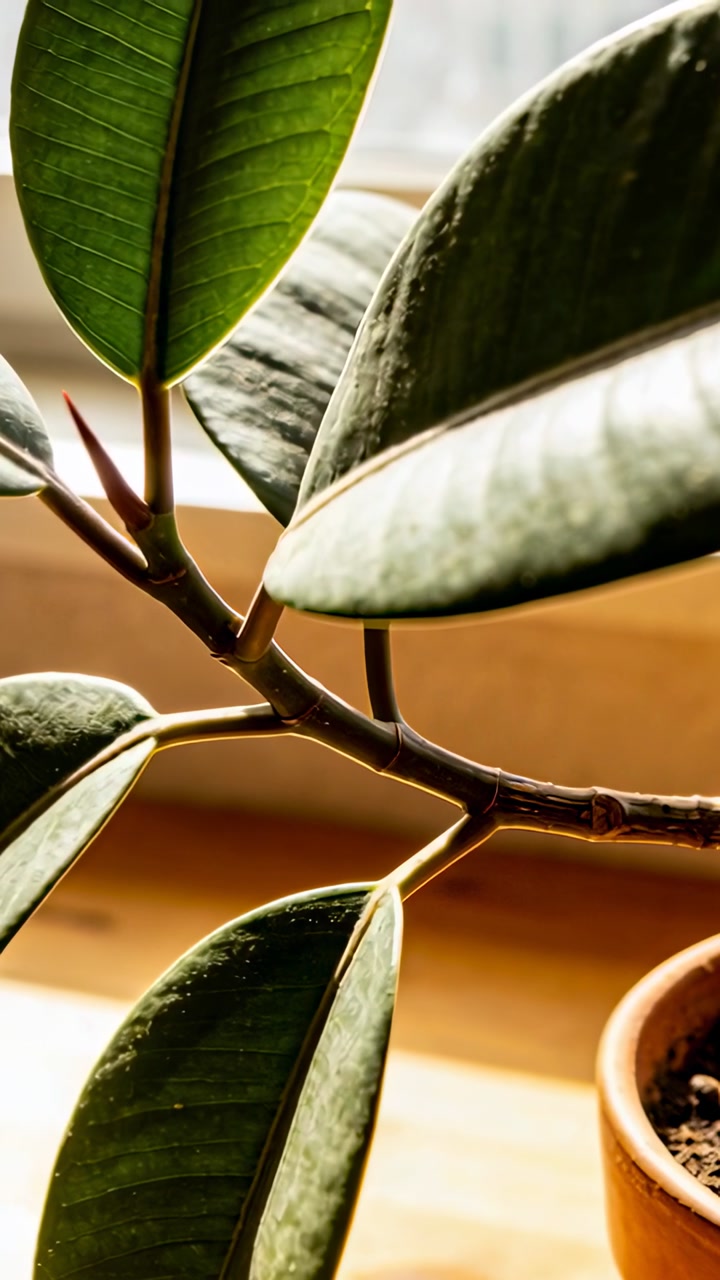 Vertical video: Moving camera closer to potted rubber plant on wooden sill, revealing venation, bud