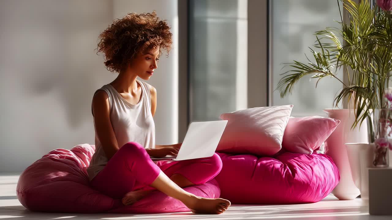 A young woman with curly hair sits comfortably on pink bean bags, focused on her laptop in a bright, serene room filled with natural light and greenery, embodying relaxation and productivity