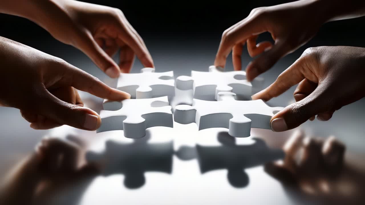 Hands Reaching Towards Puzzle Pieces in a Collaborative Effort to Complete a Blank Puzzle, Symbolizing Teamwork, Problem Solving, and Unity in Overcoming Challenges Together