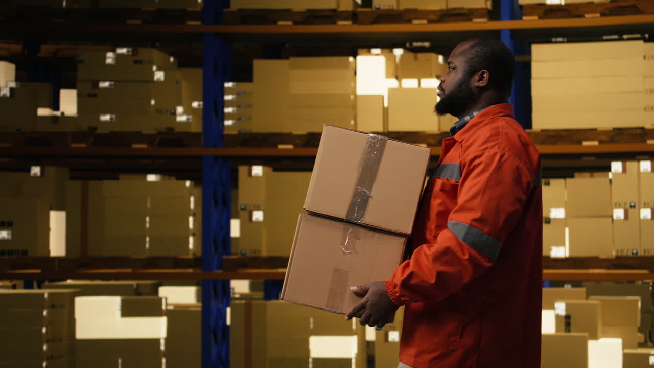 African american man employee coordinating cargo dispatch with safety vest