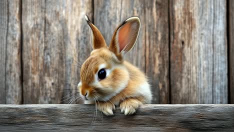 cute baby rabbit in front of wooden fence